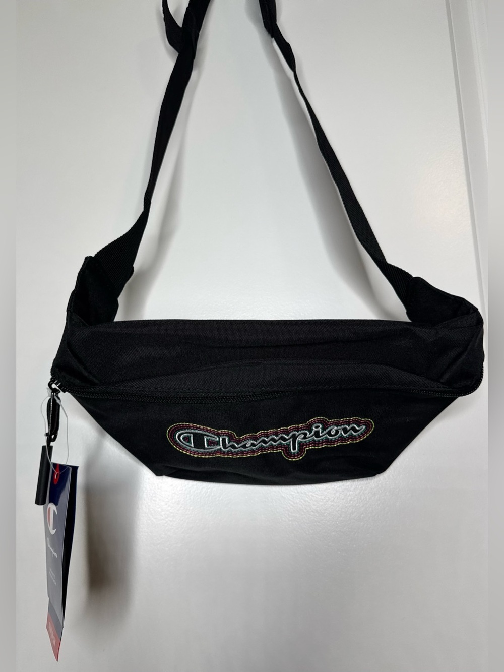 Champion prime black sling Waist Pack with vibrant Multicolor Embroidered Logo